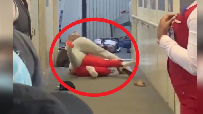 Suddenly two sisters wrestle on the floor of the plane