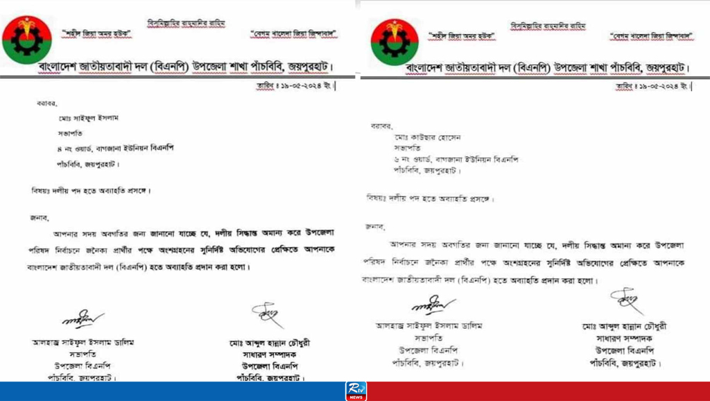 পাঁচবিবিতে বিএনপির ২ নেতাকে দল থেকে অব্যাহতি
